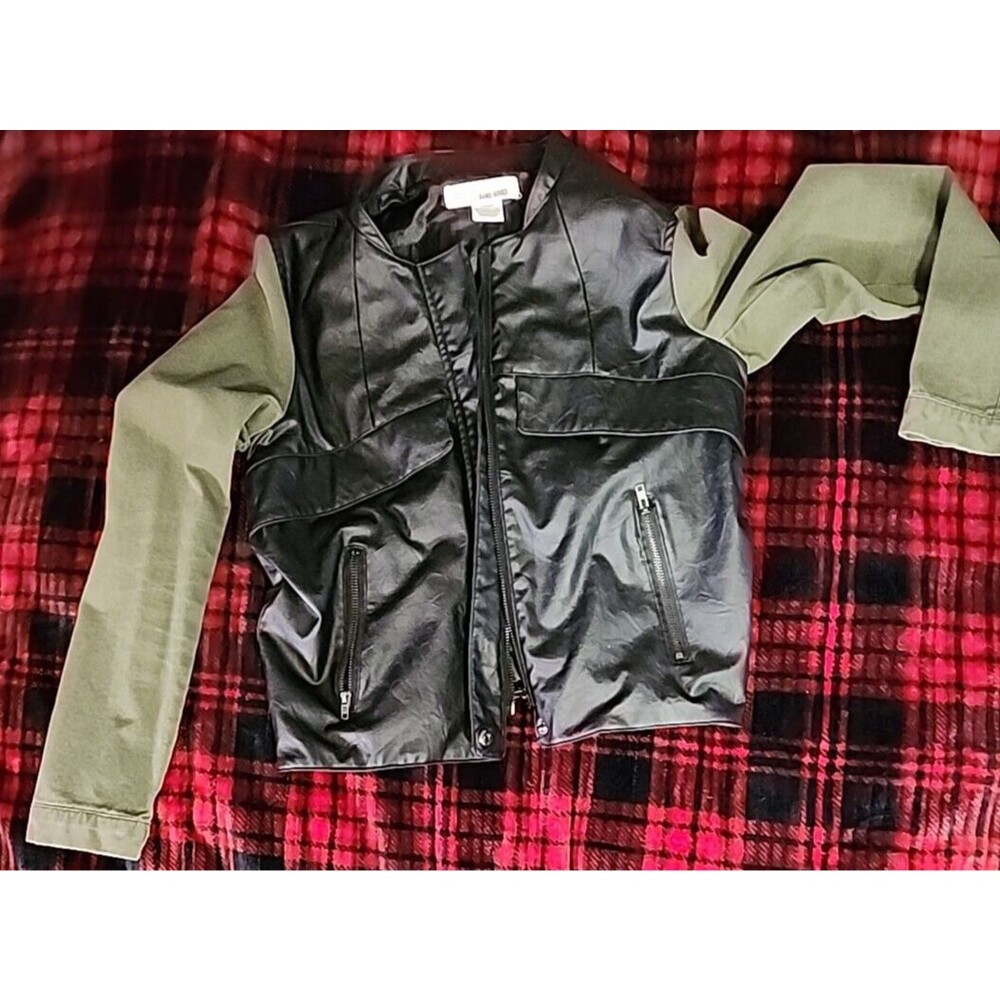 Sans Souci Black Faux Leather Green Army Sleeves Hidden Zip Jacket - Size Small
